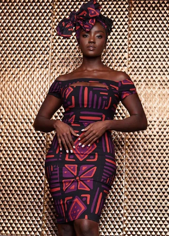 Keruba Women's African Print Stretch Dress (Black Peach Tribal) Tunics Seasonal trendy