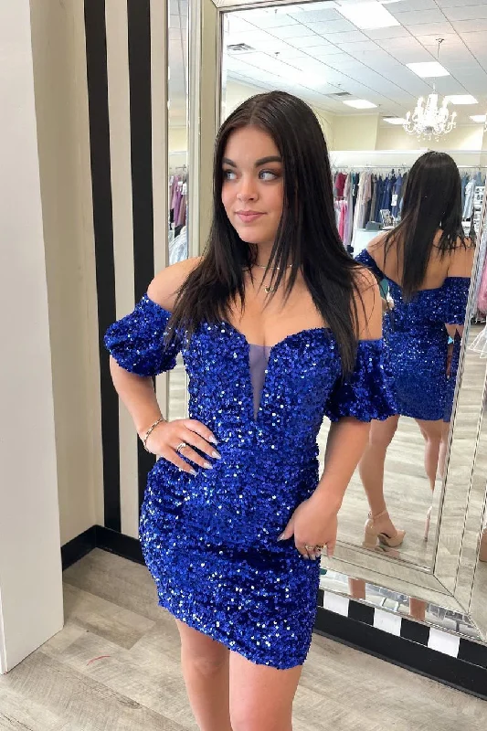 Beautiful Off-the-shoulder Royal Blue Backless Sequined Homecoming Dress Cowl Neckline Elegant