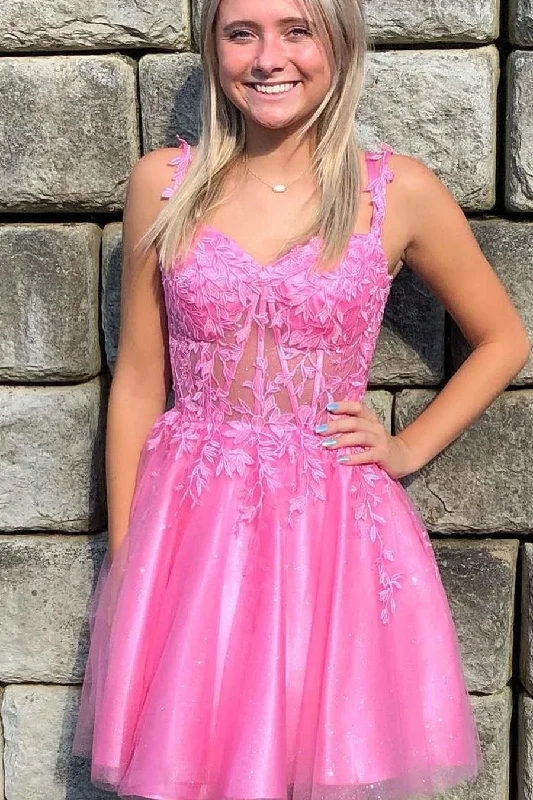 Elegant Short Pink Straps Lace Sleeveless Glitter Homecoming Dress Tunics Modern contemporary