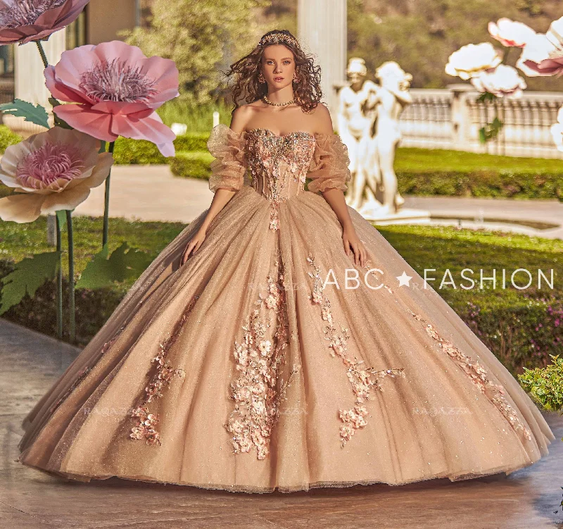 3D Floral Puff Sleeve Quinceanera Dress by Ragazza EV27-627 Tunics Short Trendy