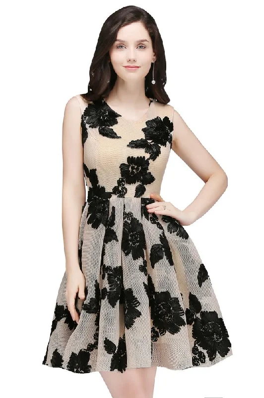 A-line Short Tulle Nude Chic Homecoming Dresses with Flowers Tunics Occasion special
