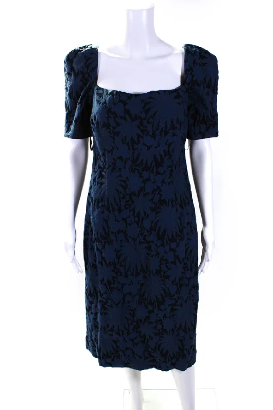 Oscar de la Renta Womens Floral Print Short Sleeves Dress Black Blue Tunics Brand named