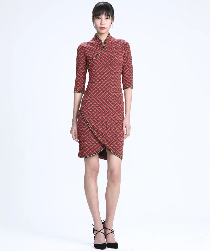 ORANGE AND DARK GREEN QUARTER SLEEVES LAYERED KNIT DRESS Tunics Denim casual
