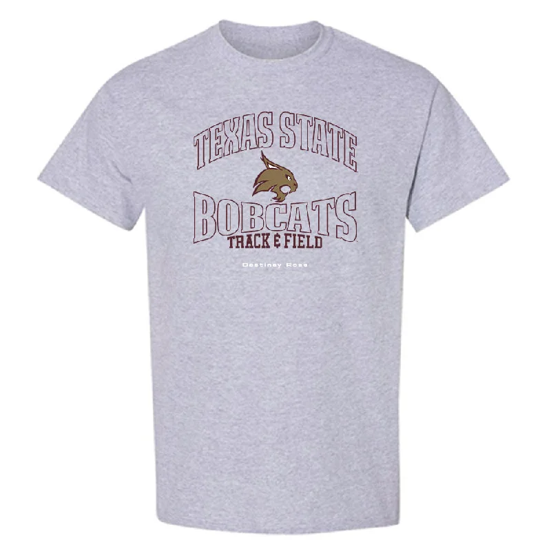 Texas State - NCAA Women's Track & Field : Destiney Rose - T-Shirt-- Print Jacquard Patchwork