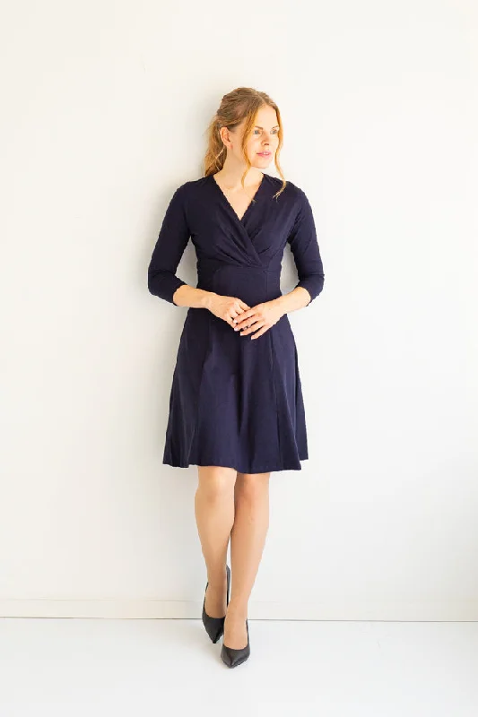 Women's Pleated Bamboo Dress Dark Blue Tunics Chic elegant