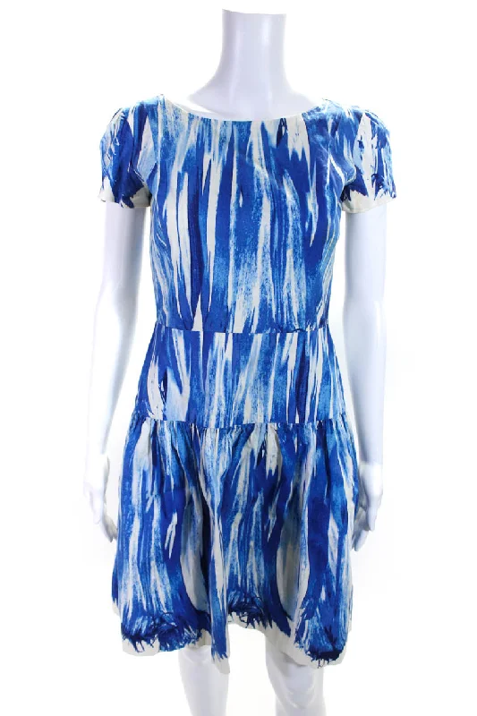 Oscar de la Renta Womens Short Sleeve Abstract Print A Line Dress Blue Tunics Timeless classic