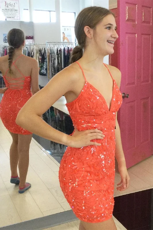Sexy V-neck Orange Backless Sequined Sleeveless Homecoming Dress With Lace Tunics Travel practical