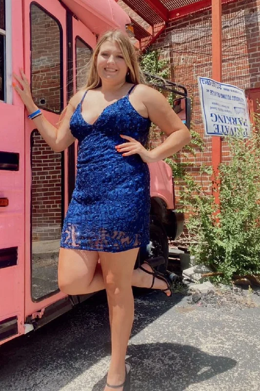 Sexy Royal Blue V-neck Spaghetti Straps Sleeveless Short Homecoming Dresses Tunics Solid Classic