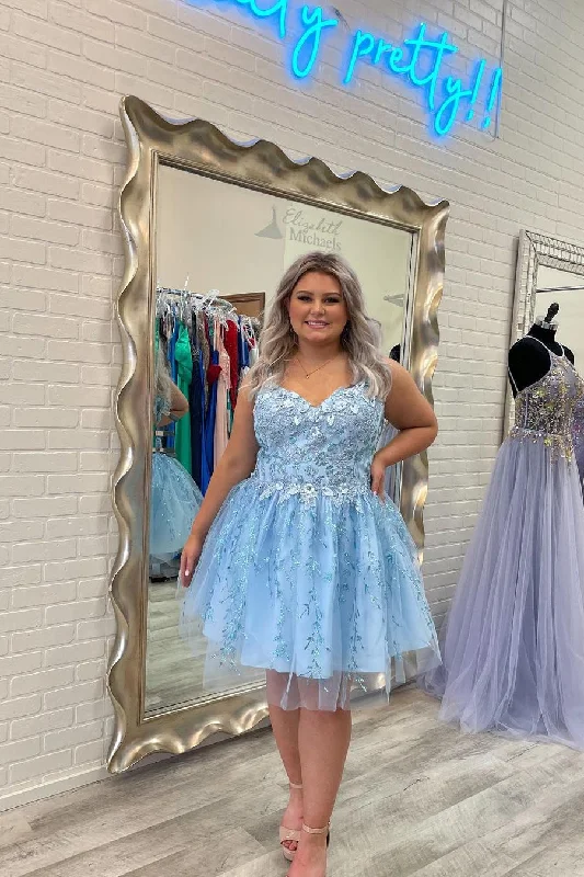Beautiful Sky Blue A-line Appliques Short Homecoming Dress Boatneck Modish Everyday