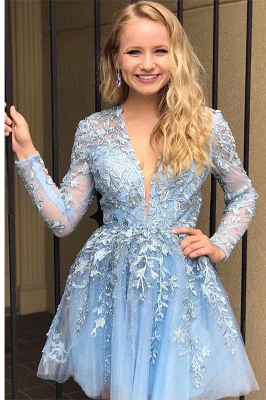Short A-Line Lace Applique V-neck Long Sleeves Prom Dresses Tunics Versatile functional