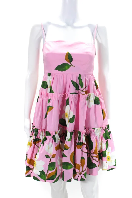 Oscar de la Renta Womens Magnolia Poplin Square Neck Floral Dress Pink Tunics Bridal satin