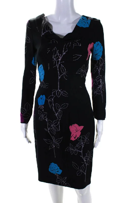 Oscar de la Renta Women's Long Sleeve Cowl Neck Floral Sheath Dress Black Tunics Business professional
