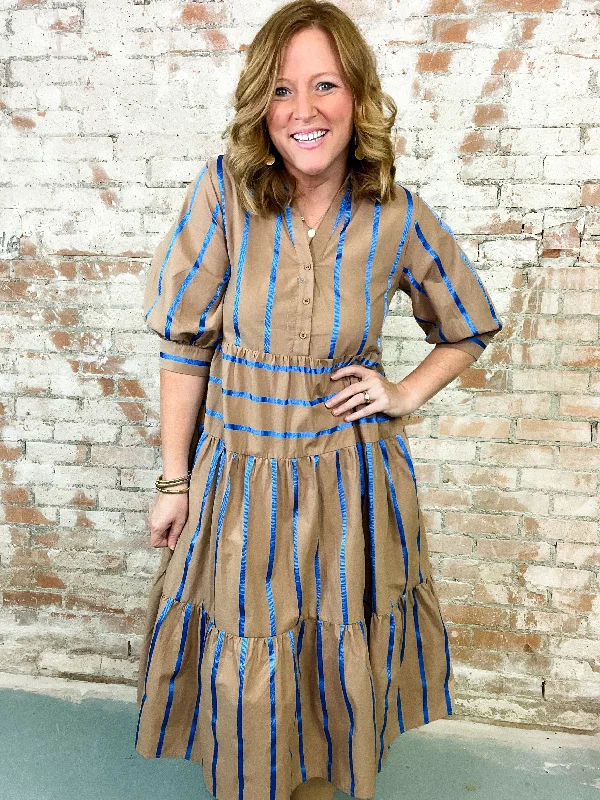 Janene Mocha + Royal Stripe Tiered Dress Tunics Trendy modern