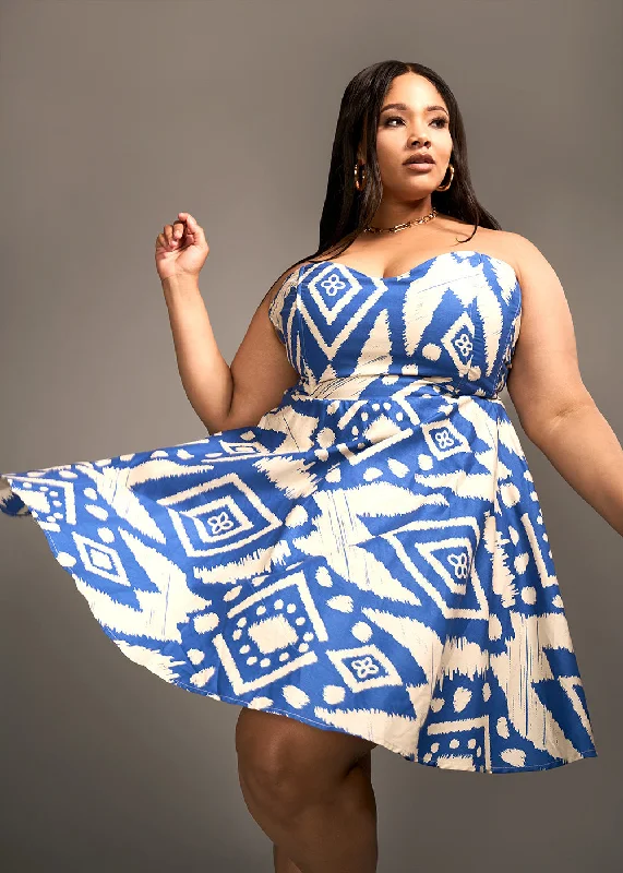 Jioni Women's African Print Corset Dress (Navy Tan Batik) Tunics Sophisticated sleek