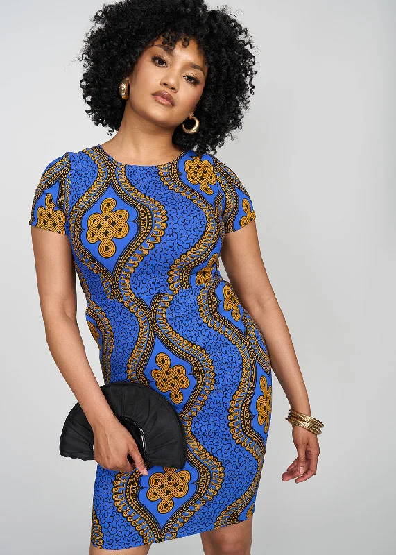 Sabella Women's African Print Stretch Dress (Gold Blue Motif) - Clearance Tunics Sale discount