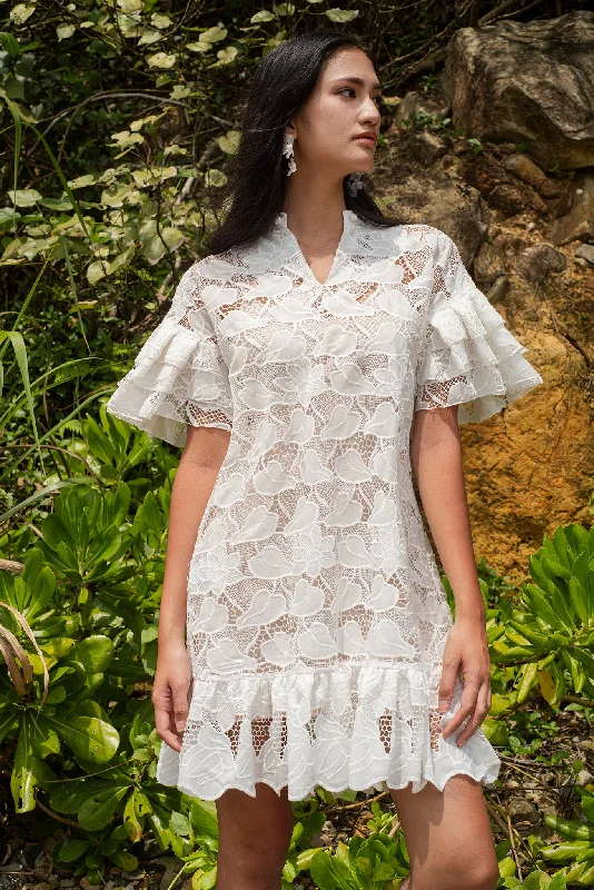 NIKI Layered Drop Slv Open-Neck Dress (White) empire Waist empire