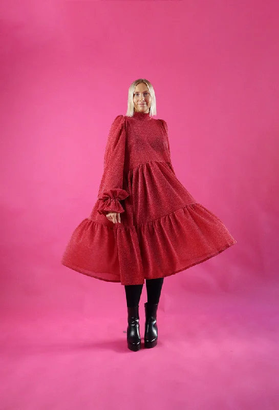 Dishy Dress With Bow Collar Glitter Red Tunics Winter warm