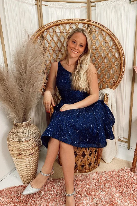 Elegant A-line Blue One Shoulder Sleeveless Short Homecoming Dresses empire Waist empire