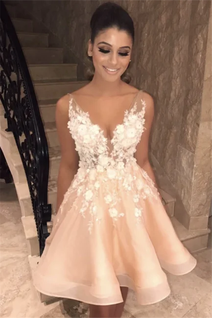 Sexy Spaghetti Straps V Neck Homecoming Dress | Chic Appliques Flowers Short Homecoming Dress Tunics Evening elegant