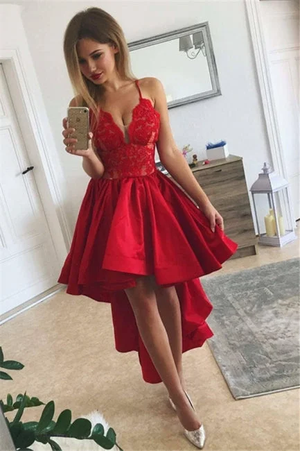 Spaghetti Straps Red High-low A-line Lace V-neck Homecoming Dress Tunics Party sparkling