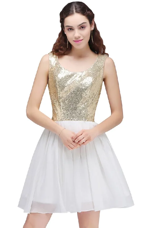 A-line Scoop Short Sequins White Cute Homecoming Dresses with Sequins Tunics Summer linen