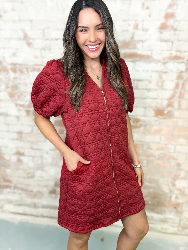 Shayla Zip Front Quilted Dress Turtleneck Warm Winter