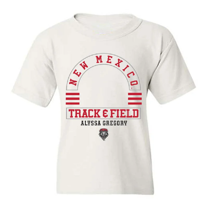New Mexico - NCAA Women's Track & Field : Alyssa Gregory - Classic Fashion Shersey Youth T-Shirt-- Mesh Blend Leather Blend Suede Blend