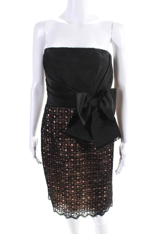Oscar de la Renta Womens Lace Eyelet Bow Waist Strapless Dress Black Beige Tunics Top rated