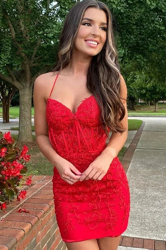 Beautiful Short Red Spaghetti Straps Lace Sleeveless Homecoming Dress Tunics Brand named