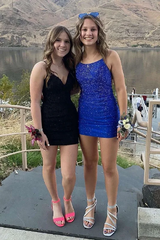 Gorgeous Short Royal Blue Tight Glitter Spaghetti Straps Homecoming Dress Tunics Sale discount