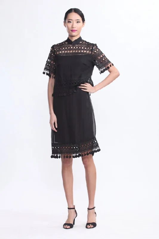 BLACK LACE SHORT SLEEVES LAYERED SILK DRESS Tunics Vintage classic