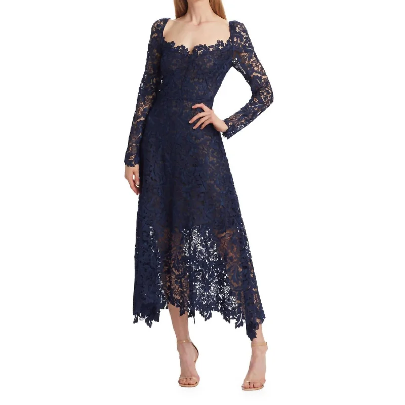 Sweetheart Neckline Lace Guipure Dress In Navy Tunics Fashionable chic