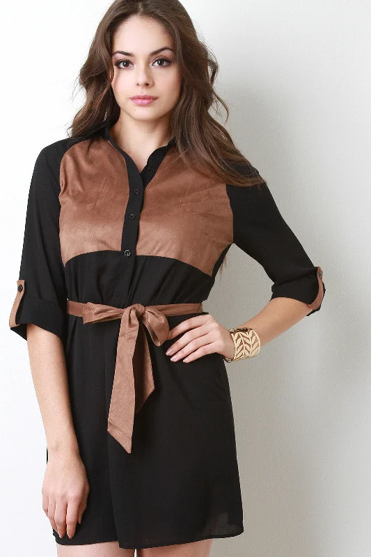 Suede Panel Button Up Dress Tunics Running lightweight