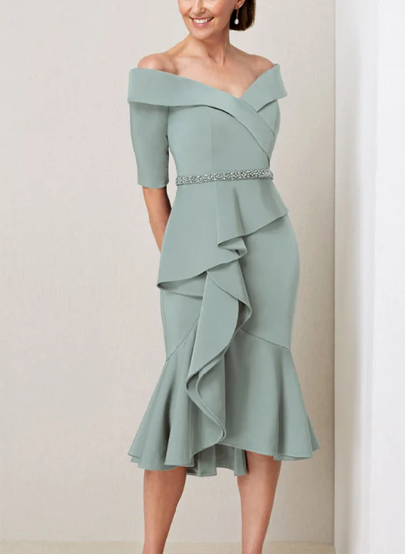 Sheath/Column Off-the-Shoulder Half Sleeves Mother of the Bride Dresses with Beading & Ruffles Tunics Polka dots