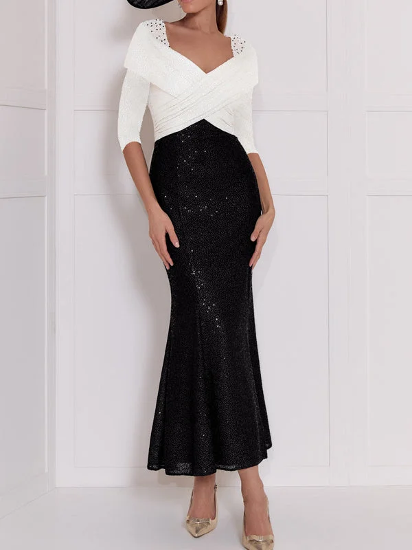 Trumpet/Mermaid Ankle-Length V-Neck 3/4 Sleeves Sequined Mother Of The Bride Dresses Shift Classic Vintage
