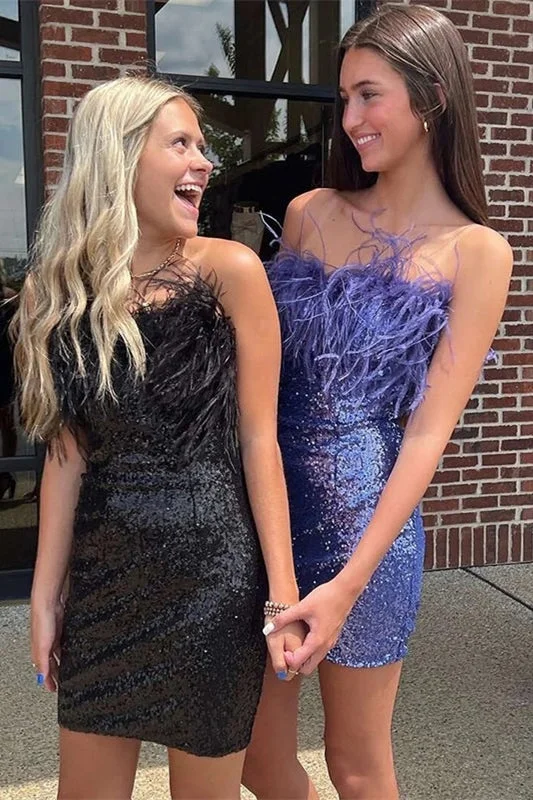Cute Sequins Feathers Strapless Sleeveless Short Prom Dresses Tunics Stylish modern
