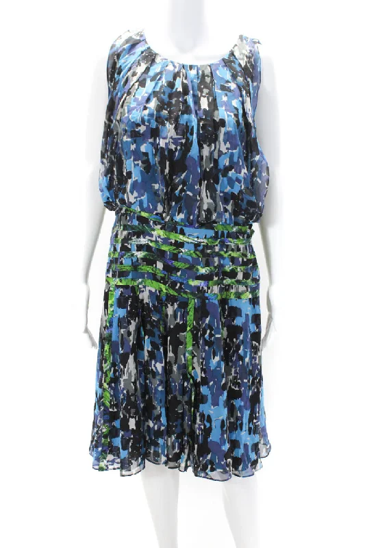 Oscar de la Renta Womens Chiffon Sleeveless A Line Dress Blue Green Tunics Review highly