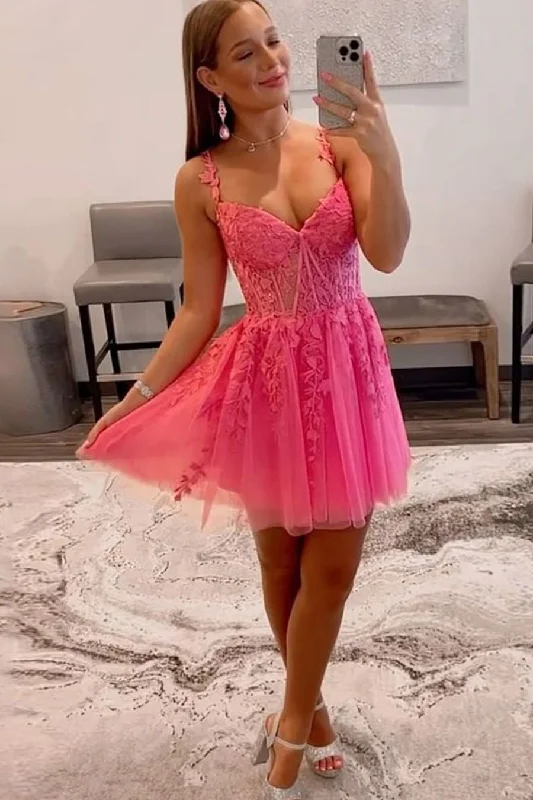 A-line Sweetheart Spaghetti Straps Sleeveless Appliques Homecoming Dresses A-Line Day Work
