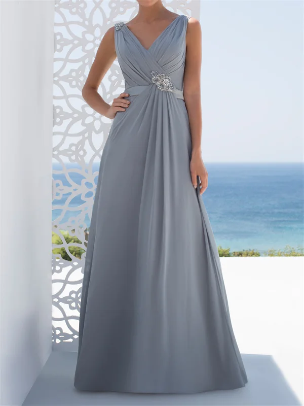 A-Line/Princess V-Neck Floor-Length Mother of the Bride Dresses Off-the-shoulder Chic Trendy