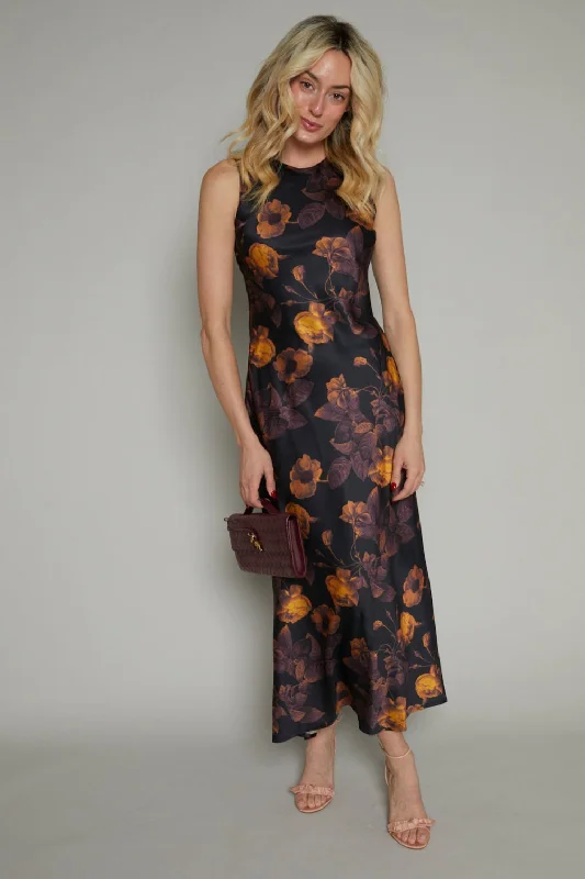 Gigi Dark Floral Satin Slip Dress Off-the-shoulder Chic Trendy