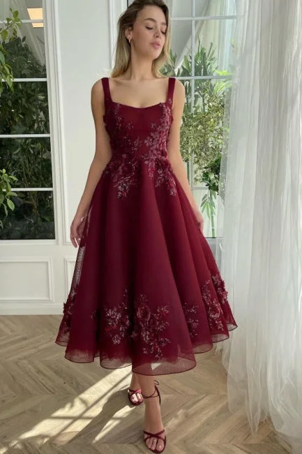 Burgundy Ankle length square neck Homecoming Dress Tunics Review highly