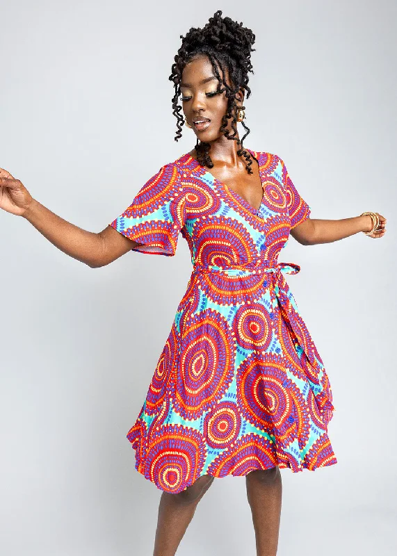 Ifaya Women's African Print Dress (Turquoise Red Circles) - Clearance Crew Neckline Sporty