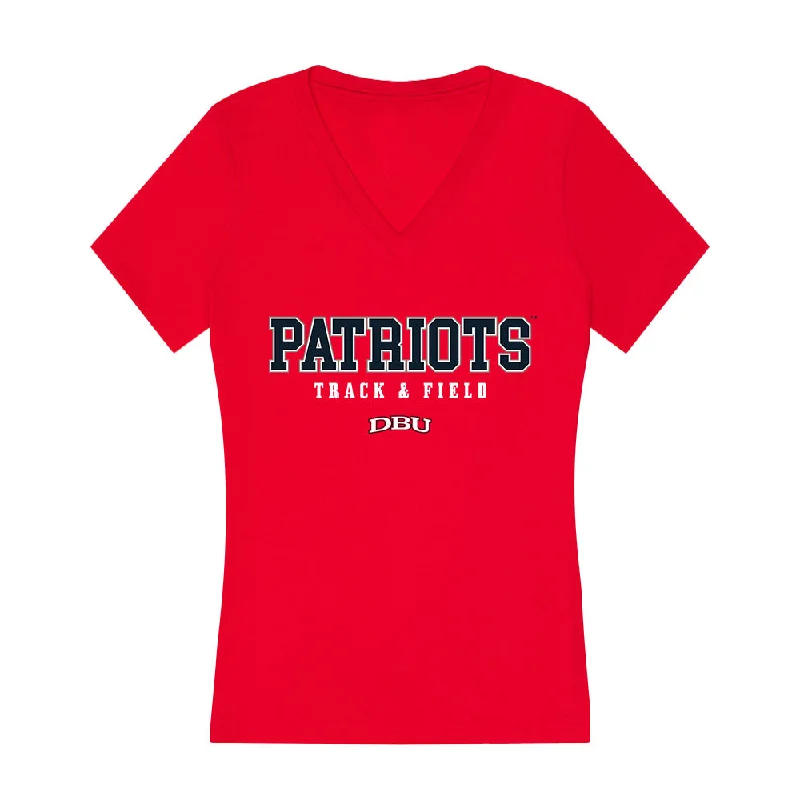 Dallas Baptist - NCAA Women's Track & Field : Cierra Wheeler - Women's V-Neck T-Shirt-- Polka Dot Checkered Tartan