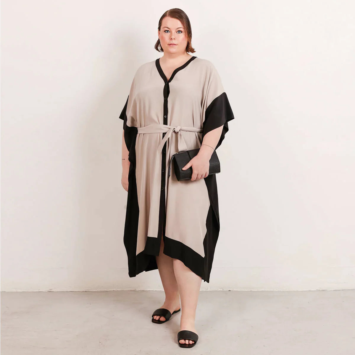 Riviera Silk Caftan Dress Beige and Black Tunics Vintage classic