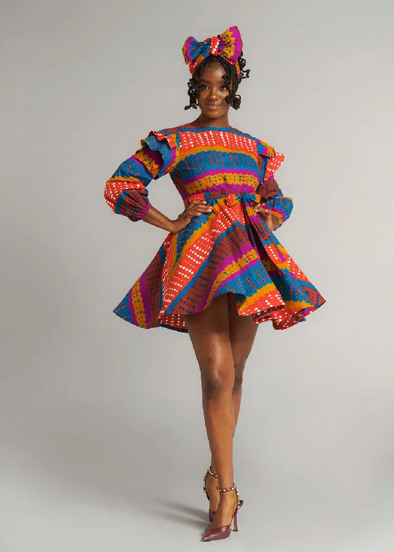 Anola Women's African Print Dress (Orange Teal Adire) - Clearance Tunics Luxurious high-end