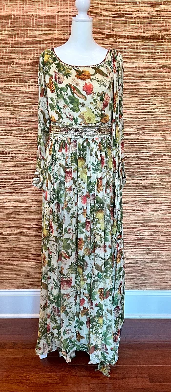 52A062 Cream Floral Georgette Dress With Belt Square Neckline Feminine