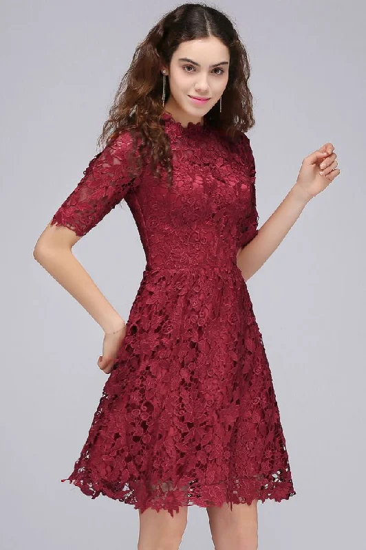 A-Line Halter Short Lace Burgundy Homecoming Dresses Tunics Bridal satin