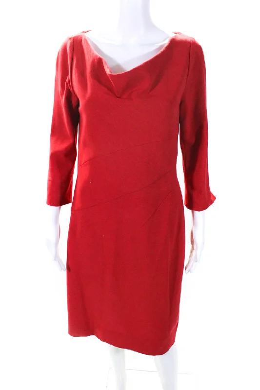 Oscar de la Renta Womens Long Sleeved Boat Neck Knee Length Dress Red Tunics New arrival