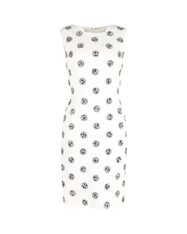 Oscar De La Renta Polka Dot Sleeveless Sheath Dress in White Cotton Tunics Silk luxurious