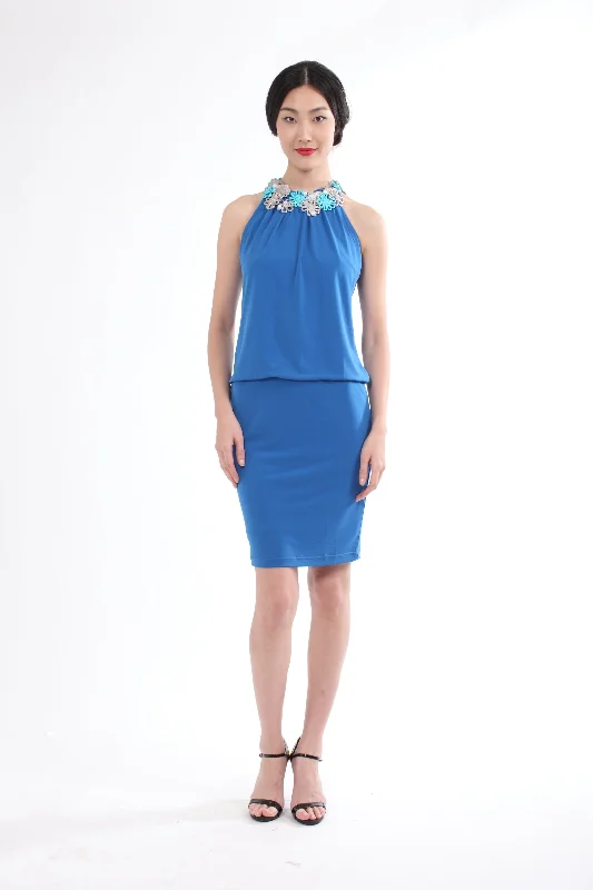 BLUE SLEEVELESS RAGLAN DRESS WITH CHINESE FLORAL KNOTS ON NECKLINE Tunics Ceremony elegant